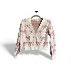 Elegant Fancy Pink Bow Barbiedoll Coquette Cardigan Sweater Scalloped Design